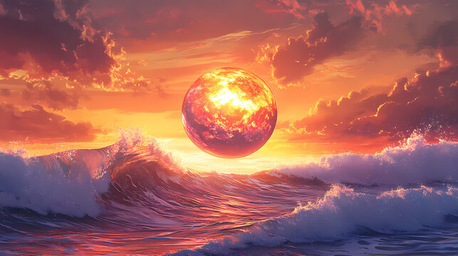 Glistening wave crests cradle a radiant orb against a backdrop of a fiery sunset sky. Radiant Tides. Illustration