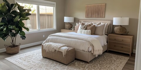 A cozy modern bedroom featuring a bed and decor