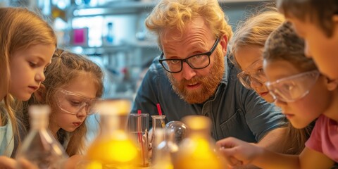 Teacher and Students in a Science Lab Exploring Experiments, Education & Learning.