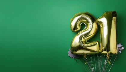 Fototapeta premium Banner with number 21 balloons on green background with copy space. Generated image