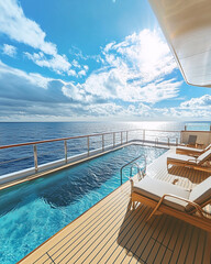 Fototapeta premium A luxury sea view swimming pool near the beach with comfortable deck chairs, modern style