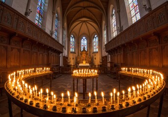 Obraz premium Peaceful candlelit church interior with stained glass windows and altar