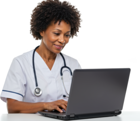 Smiling Female Doctor Using Laptop Computer Healthcare Professional Medical Technology