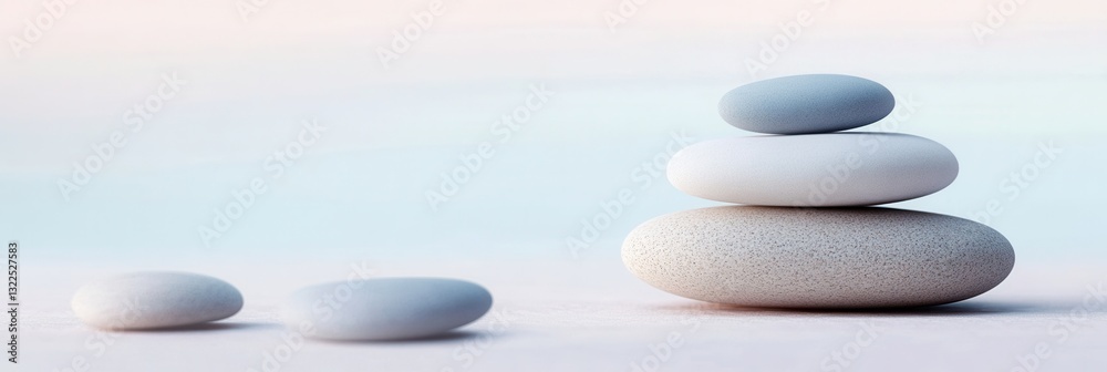 Poster Balanced arrangement of smooth pebbles on a minimalistic zen-inspired background with pastel gradients for a tranquil atmosphere