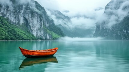 Fototapeta premium Serene Emerald and Skyblue Mountain Landscape Influenced by Ancient Asian Art