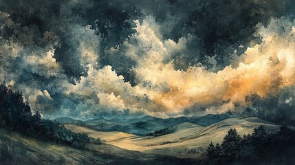 Traditional Ink Painting of a Storm Forming over Ro