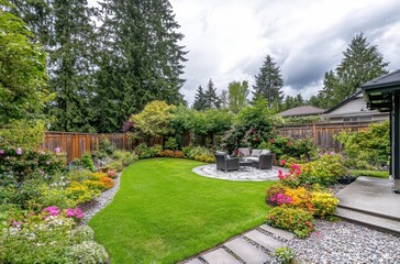 Lush and Vibrant Garden Landscape Featuring Green Lawn, Colorful Flowers, and Cozy Seating Area Surrounded by Scenic Trees and Shrubs