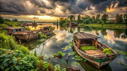 Fototapeta premium Abandoned Boats on Overgrown Lake - Urban Exploration Photography