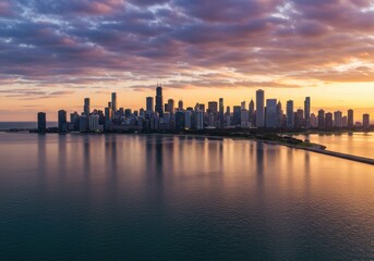 Fototapeta premium Stunning sunset over chicago skyline reflecting on lake michigan waters