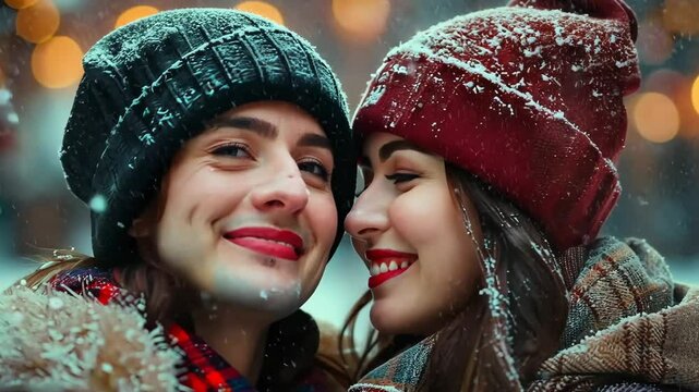A couple kisses under the mistletoe during a festive family gathering on World Kissing Day.