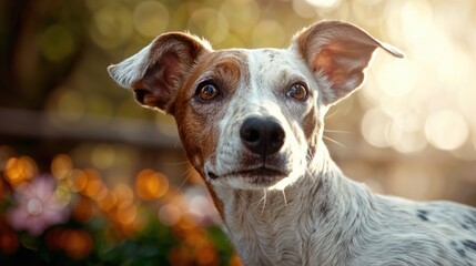 A playful dog stands in a lush garden, captivated by the beauty of colorful flowers and the enchanting light of the setting sun, embodying happiness and curiosity.
