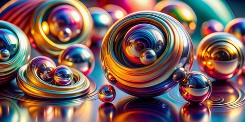 Abstract Colorful 3D Swirling Shapes with Metallic Spheres - Tilt-Shift Photography