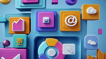 Colorful 3D icons representing data, communication, and analytics on a blue background. - Powered by Adobe
