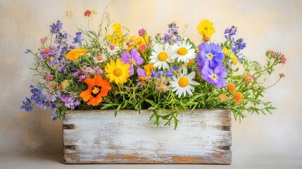 A cluster of mixed wildflowers in a rustic distressed wooden square pot on a soft beige backdrop