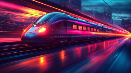 Fototapeta premium Railroad travel and railway tourism captured through a motion blur effect in a vibrant sky setting, emphasizing an industrial atmosphere