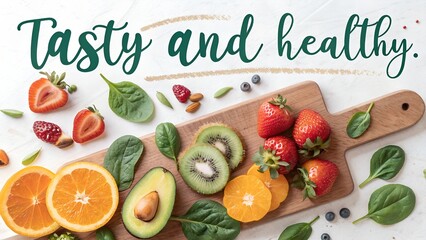 "A colorful nutrition advertisement banner with the text 'Tasty and Healthy.' Freshly sliced fruits and vegetables, such as strawberries, kiwi, oranges, spinach, and avocado, arranged 