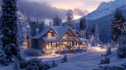 Fototapeta premium A cozy winter cabin decorated with lights amidst a snowy landscape
