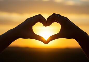 Heart-shaped hands framing a golden sunset for a romantic symbol of love