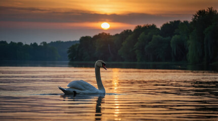 Fototapeta premium Swan gracefully floating on calm water, reflecting the vibrant hues of a picturesque sunset