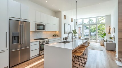 Modern bright white kitchen with island open to living space