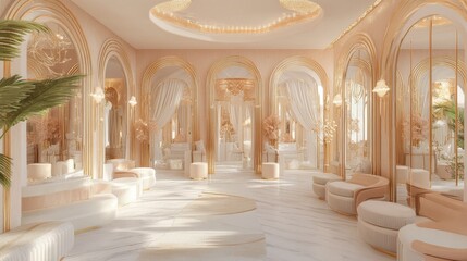 Fototapeta premium A high-end dressing room with gold-accented mirrors and plush decor.