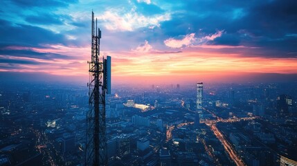 Cityscape at Sunset with Telecommunication Tower
