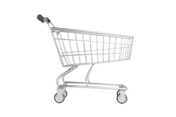Shopping cart with a black handle and silver wheels, isolated
