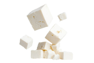White block of cheese is cut into cubes and scattered on a white background, isolated