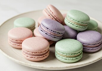 Obraz premium Delicious macarons, delicious macarons, delicious food, delicious snacks, Pastel-colored macarons elegantly arranged on a ceramic plate