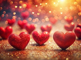 Fototapeta premium Abstract Valentine's Day Background: Red Hearts & Golden Glitter - Love & Happiness