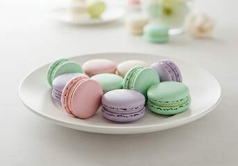 Fototapeta premium Delicious macarons, delicious macarons, delicious food, delicious snacks, Pastel-colored macarons elegantly arranged on a ceramic plate