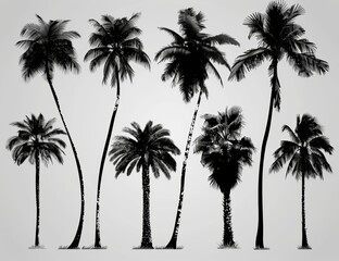 Silhouettes of Palm Trees on White Background with Multiple Angles and Different Poses