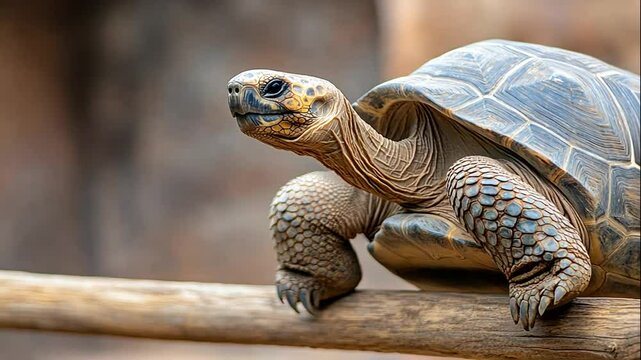 Large Tortoise on Wood Log