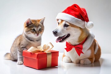 Adorable Cat in Santa Hat & Akita Puppy Unboxing Gift - Christmas Pet Photo