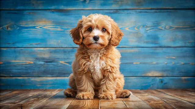 Adorable Cavapoo Puppy on Blue Wooden Background - Stock Photo