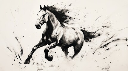 Bold Ink Painting of a Warhorse Galloping Across Ocean