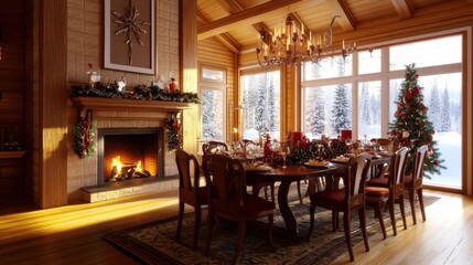 A beautifully decorated dining room with festive christmas themes