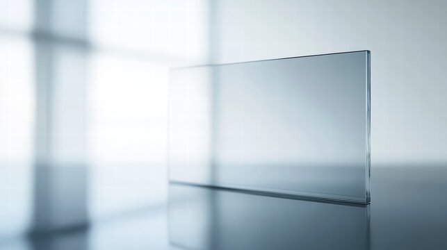 Illuminated Glass Pane: A pristine, transparent glass pane stands illuminated in a space, reflecting a sense of modern design and clarity. - Powered by Adobe