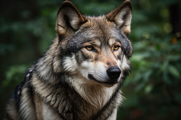 Obraz premium A Close-up portrait of a wild gray wolf with sharp features, beautifully captured against a blurred forest background. Highlights the animal's majestic character and connection to woodland environment