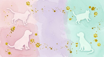 Illustration of pets with watercolor background, playful mood, paw prints, pastel colors
