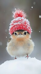 Small bird with fluffy red hat and scarf in snowy winter scene