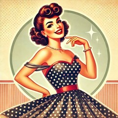 Retro pin-up style woman in 1950s fashion with polka dot dress
