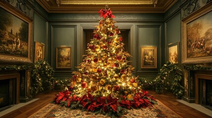 A grand Christmas tree decorated with luxurious golden and red decorations, glowing fairy lights, and festive garlands on a green background