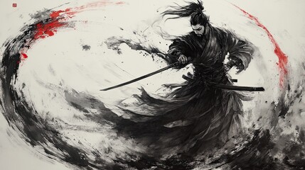 Traditional ink painting of a legendary warrior