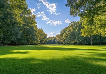 Obraz premium Lush Green Lawn Surrounded by Tall Trees Under a Bright Blue Sky with Soft White Clouds in a Picturesque Outdoor Setting