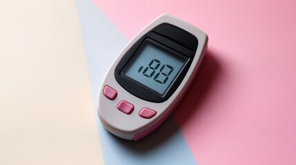 A handheld non-invasive hemoglobin meter with an LCD screen on a pastel background