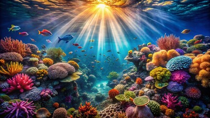 Aerial Drone View: Vibrant Coral Reef Ecosystem, Underwater Paradise, Ocean Life