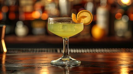 Soft Yellow-Green Cocktail with Lemon Garnish in Classic Coupe Glass