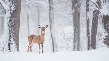 Solitary Deer Standing Peacefully In Snowy Forest Landscape With Snow-covered Trees Under Winter Sky
