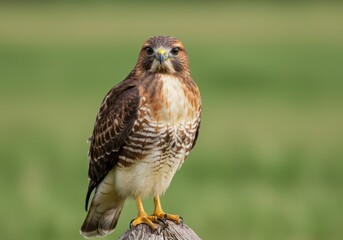 Fototapeta premium Majestic red-tailed hawk perched against a vibrant green background